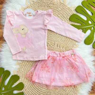 Conj. Blusa Coelhinha Bailarina e Short Saia em Tule - Rosa